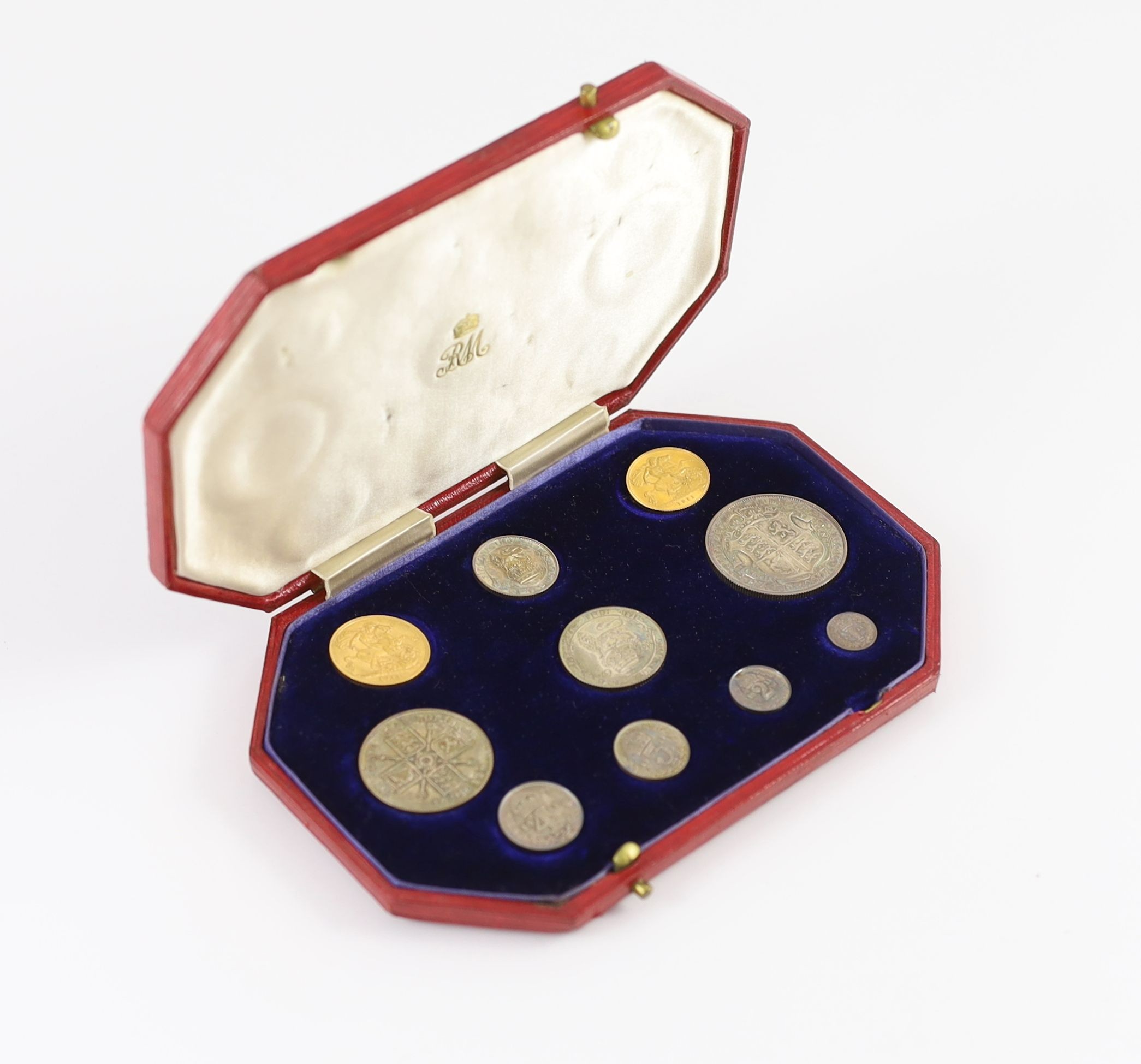 UK coins, a cased George V 1911 coronation gold and silver proof ten coin set